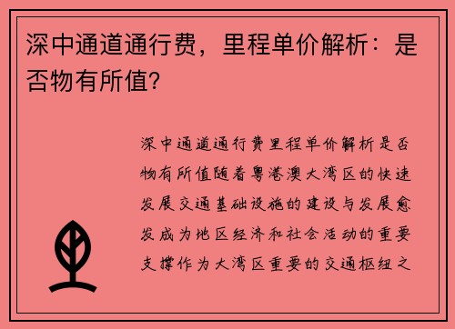 深中通道通行费，里程单价解析：是否物有所值？