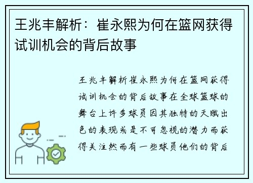 王兆丰解析：崔永熙为何在篮网获得试训机会的背后故事