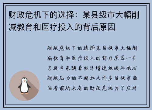 财政危机下的选择：某县级市大幅削减教育和医疗投入的背后原因